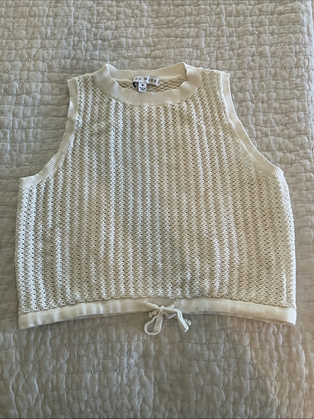 Mini Muse white Open-Weave Sleeveless Crop Tank with Drawcord